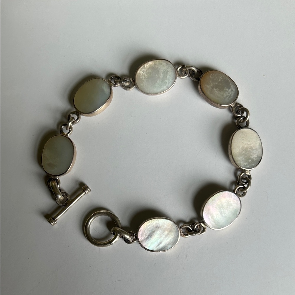 Mother of Pearl Sterling Silver 925 Oval Link Bracelet - White